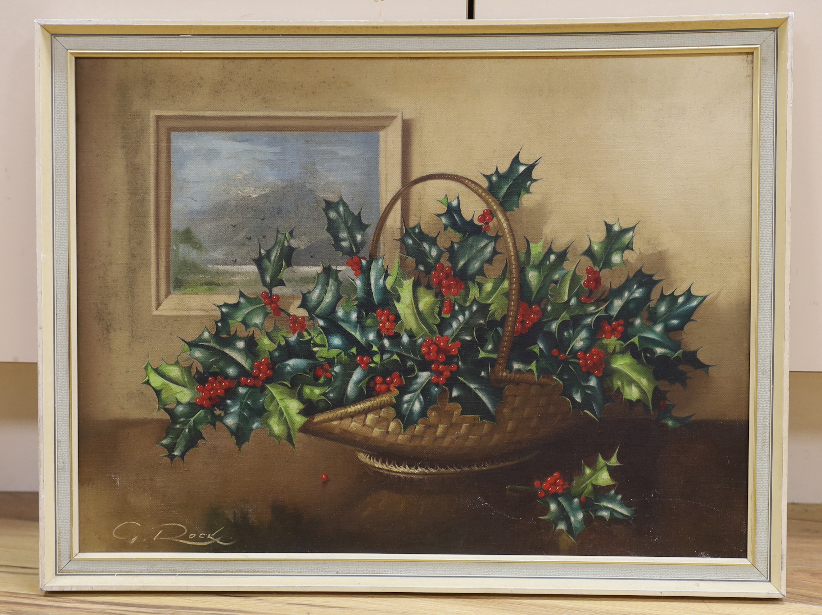 Geoffrey A Rock (Canadian 1923-2000), oil on canvas, Still life of holly in a basket, signed, 37 x 50cm